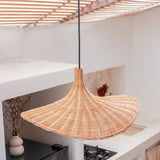 Beige woven rattan funnel-shaped pendant lampshade