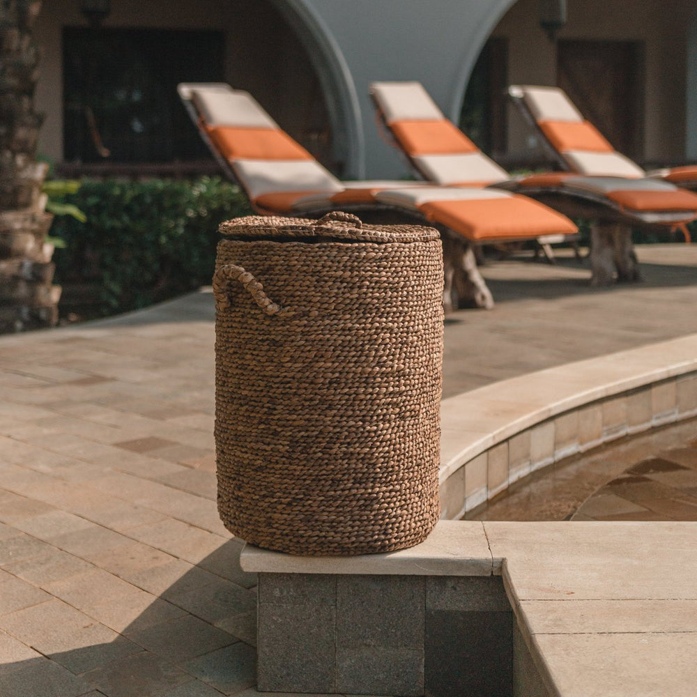 Brown woven water hyacinth storage basket with lid