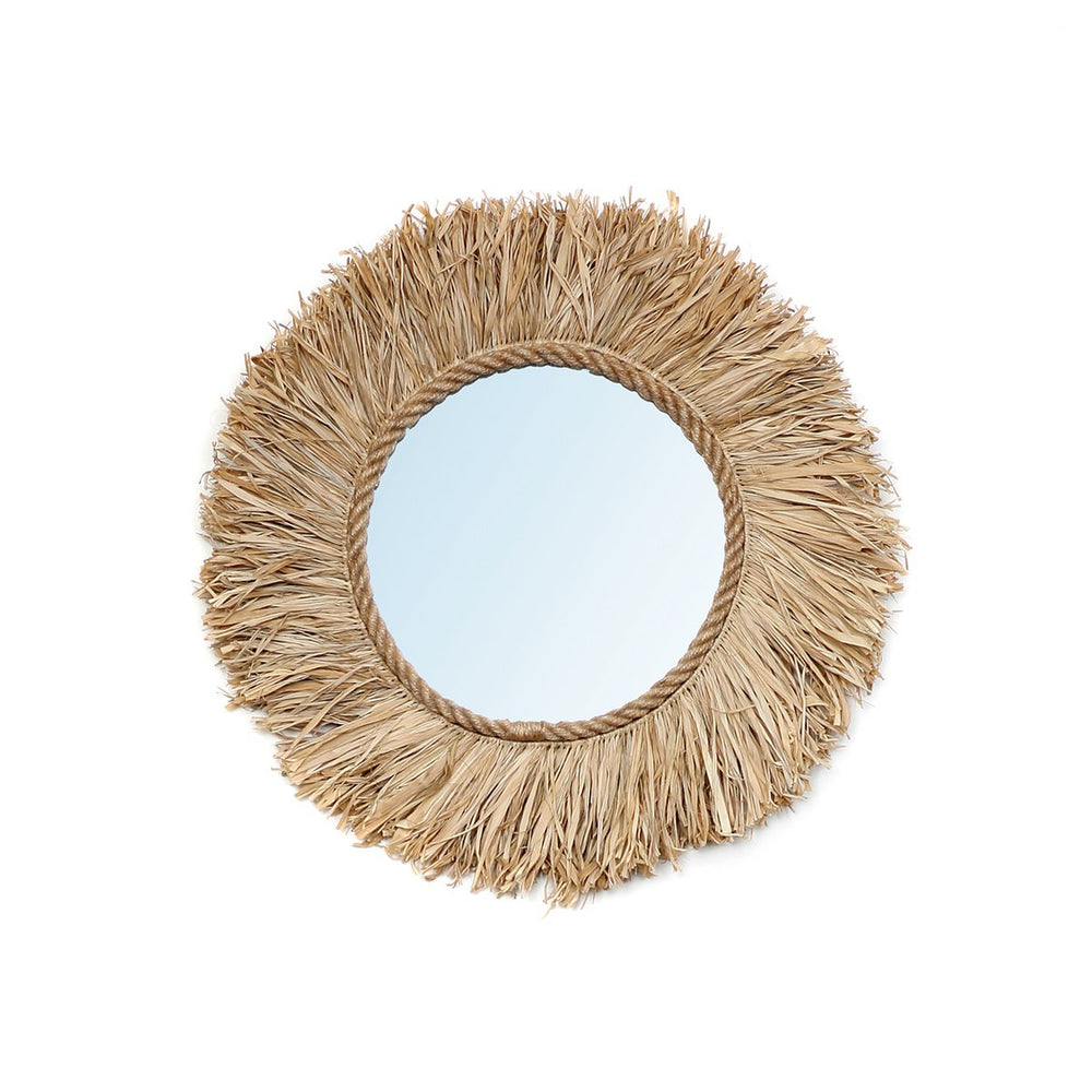 Round natural raffia wall mirror