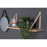Brown wooden wall shelf with leather straps