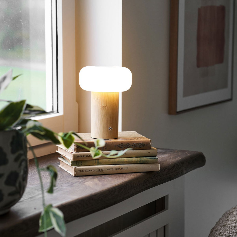 Natural bamboo and white metal rechargeable table lamp