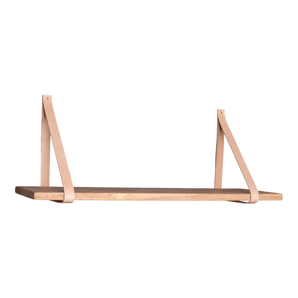 Brown wooden wall shelf with leather straps
