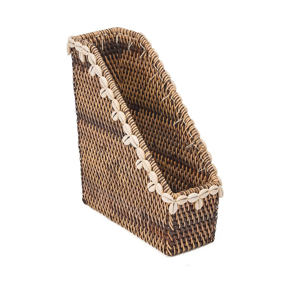 Natural brown rattan organizer with shell edge accents