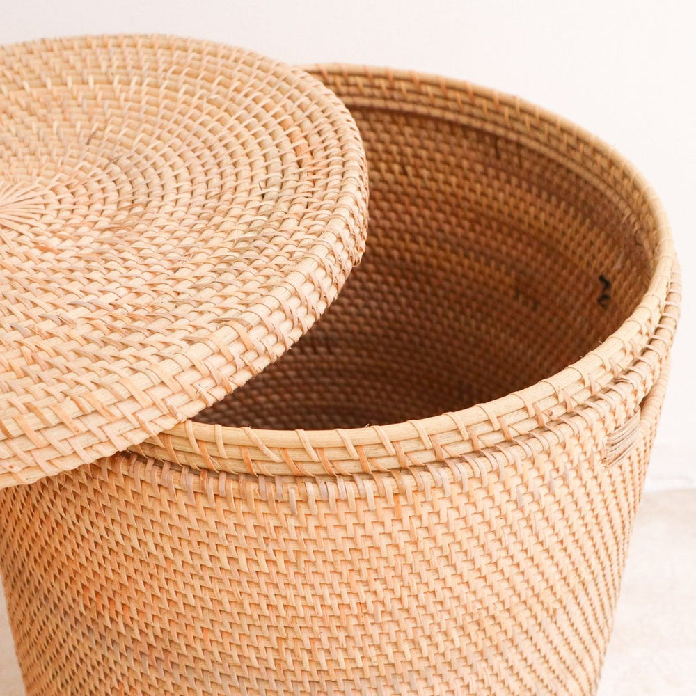 Beige woven rattan laundry basket with lid