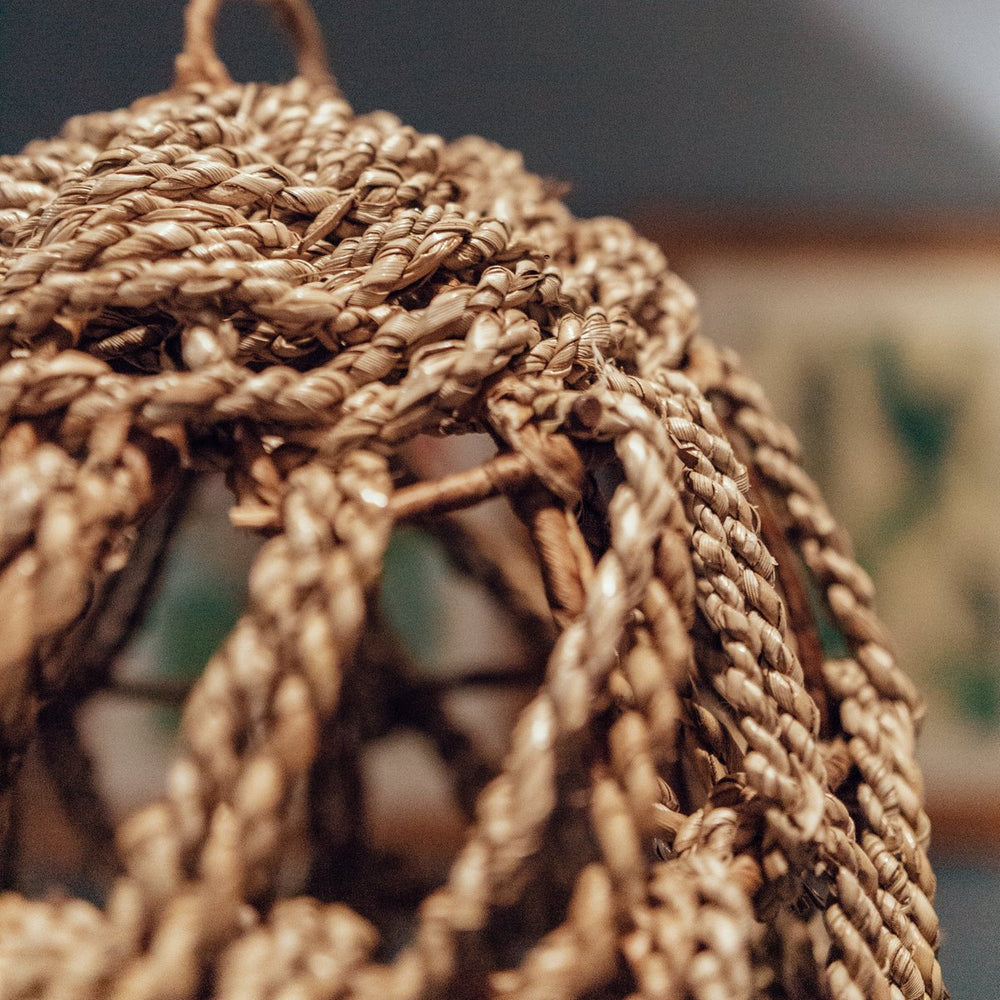 Beige seagrass woven lampshade with metal frame