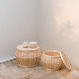 Beige bamboo basket side table