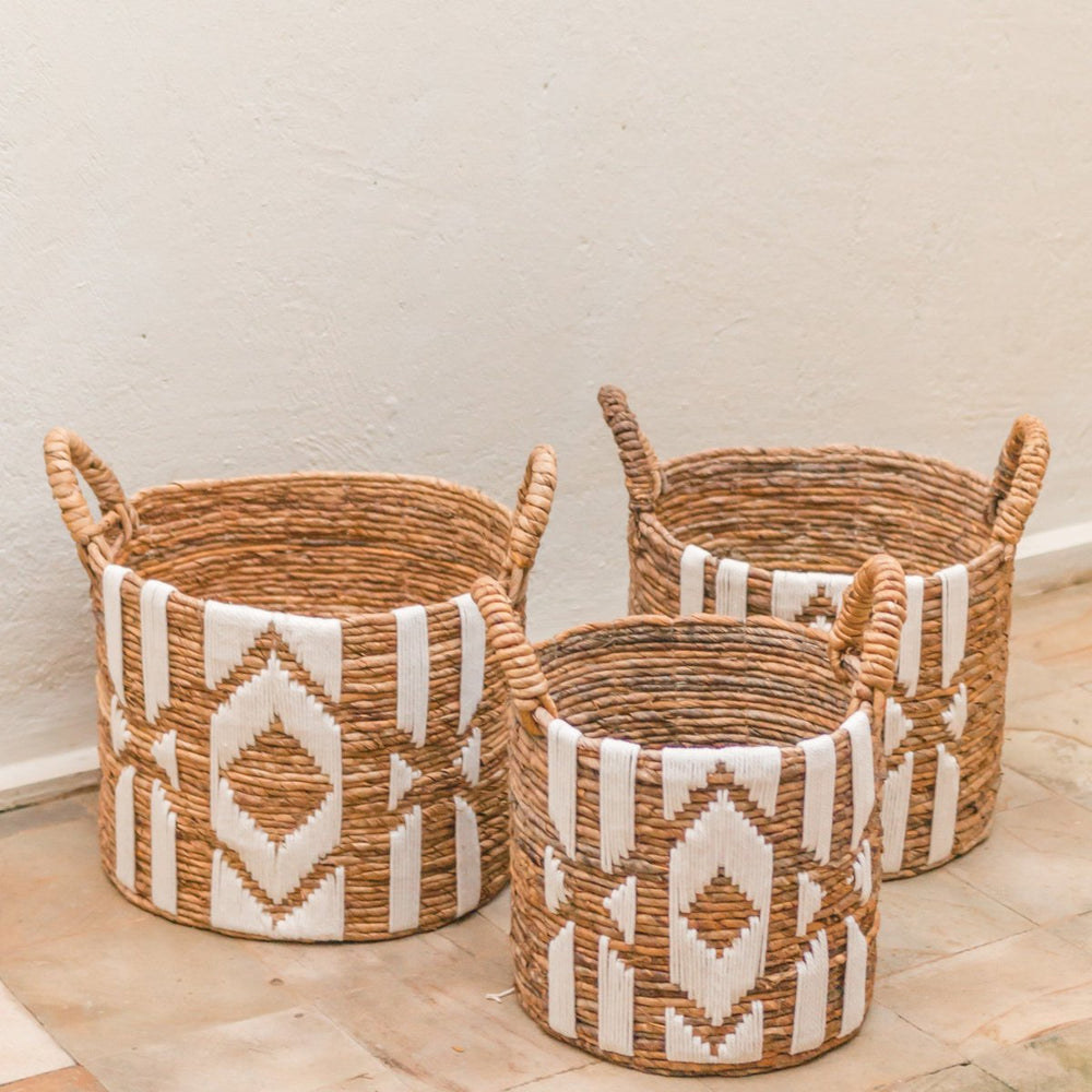 Brown banana fibre basket with white cotton macrame pattern