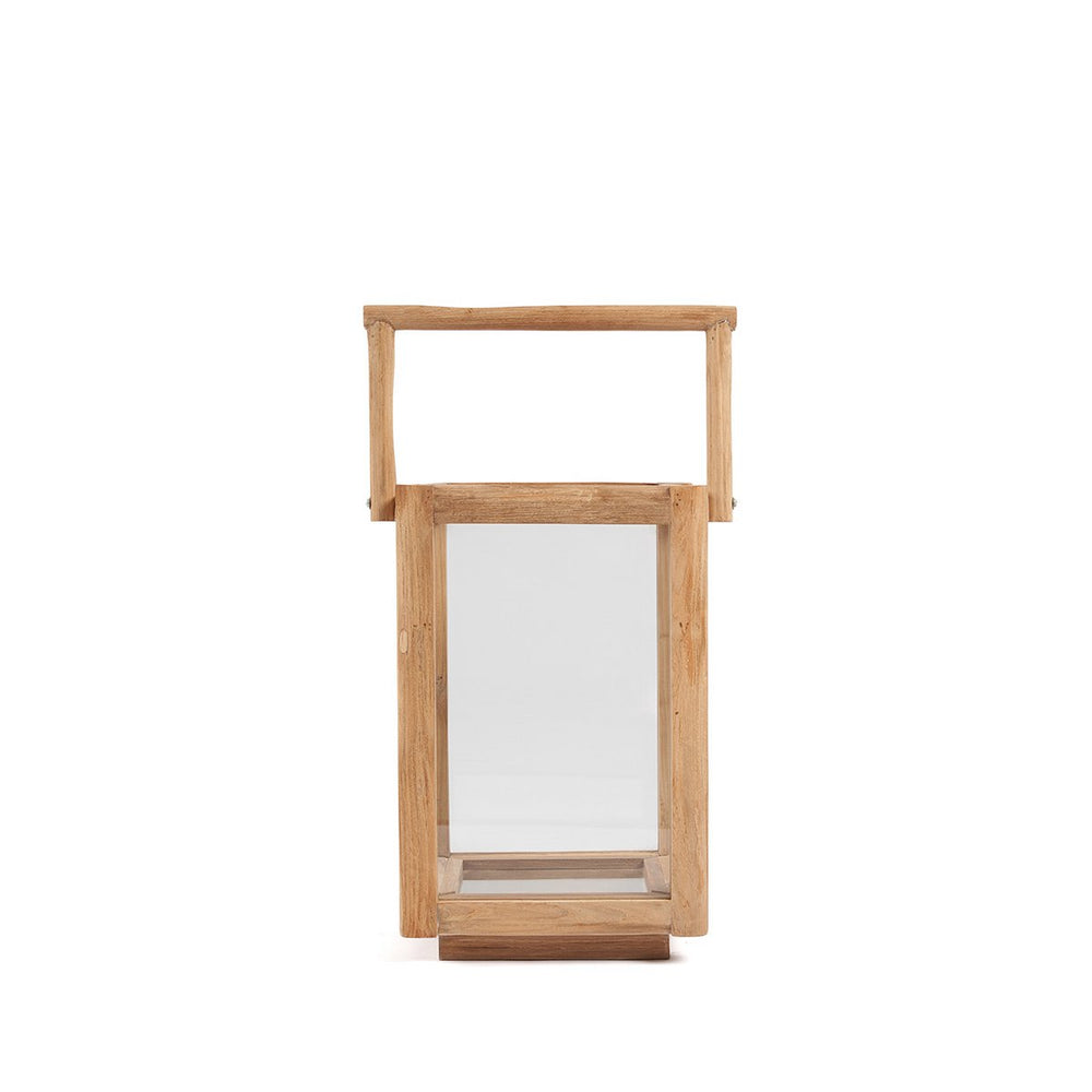 Teak wood rectangular lantern with carrying handle