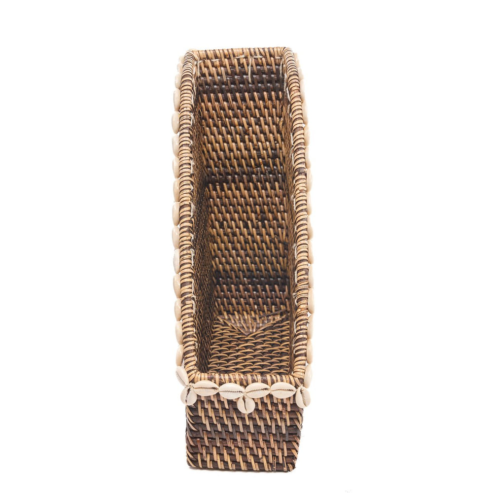 Natural brown rattan organizer with shell edge accents