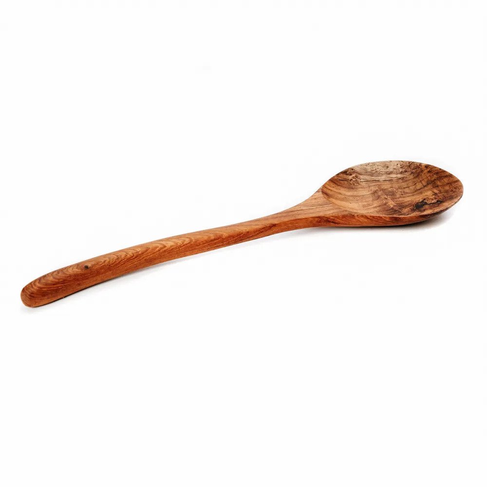 Brown teak wood serving spoon with curved handle