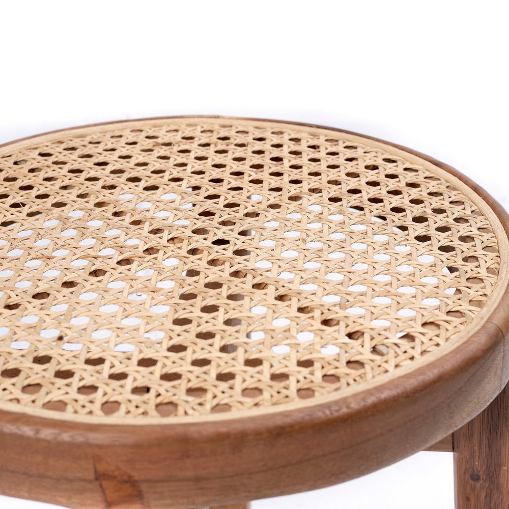 Brown wooden stool with woven rattan seat