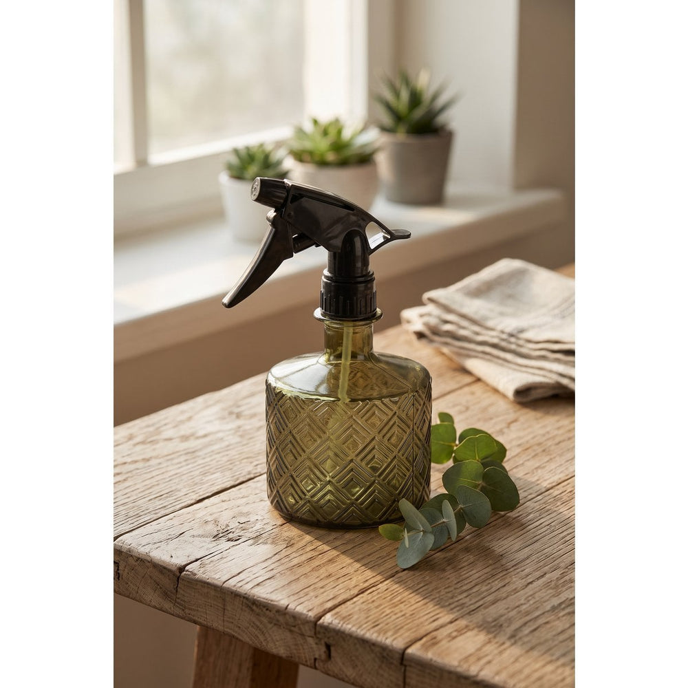 Olive green recycled glass plant mister with lattice detailing